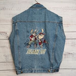 Vintage 90s Looney Tunes Denim Jacket Vest Men's Small Slam It Hockey Bugs Taz